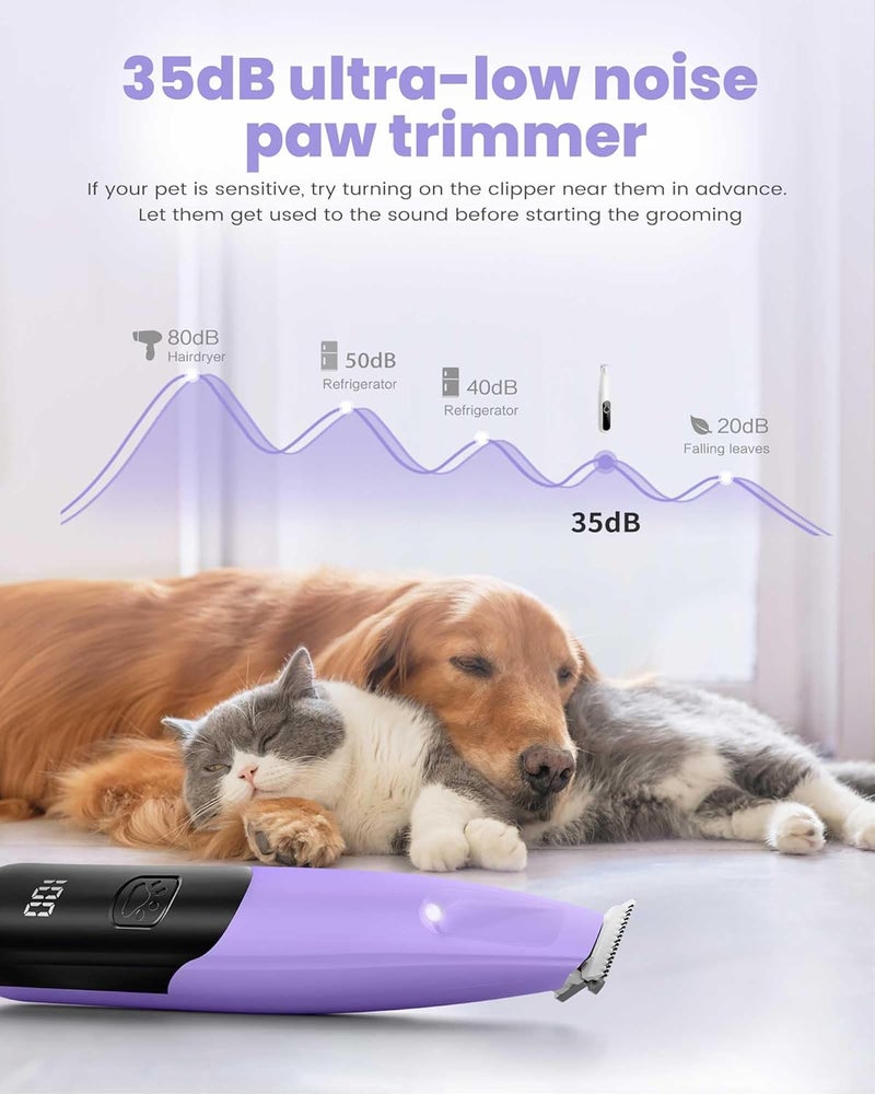 PAPMINI Dog Paw Trimmer with LED Light, 35dB Low Noise Paw Trimmers for Dog's Feet, 2 Speed Safety Electric Dog Clippers for Grooming, Rechargeable Cat Shaver for Paws, Ears, Face, Rump (Purple) - Image 2